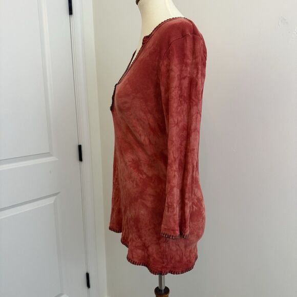 Me & Ko Red Tie Dye Henley Top Large Boho Ribbed Cotton USA Made Retro 60s - Picture 4 of 11